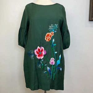 Peony Flower Embroidered Floral Print Dress Forest Green Size XXL